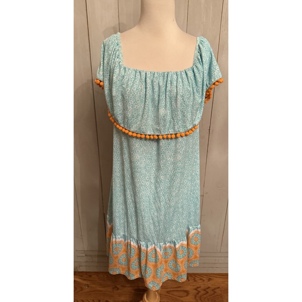 CABANA LIFE XL Coral and Teal Off Shoulder‎ Tassel Coverluxe Dress New